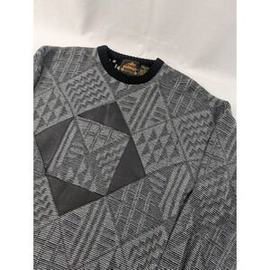 Vintage Barnaby Abstract Grandpa Sweater XXL Big Man‎ Crewneck  Leather Trim